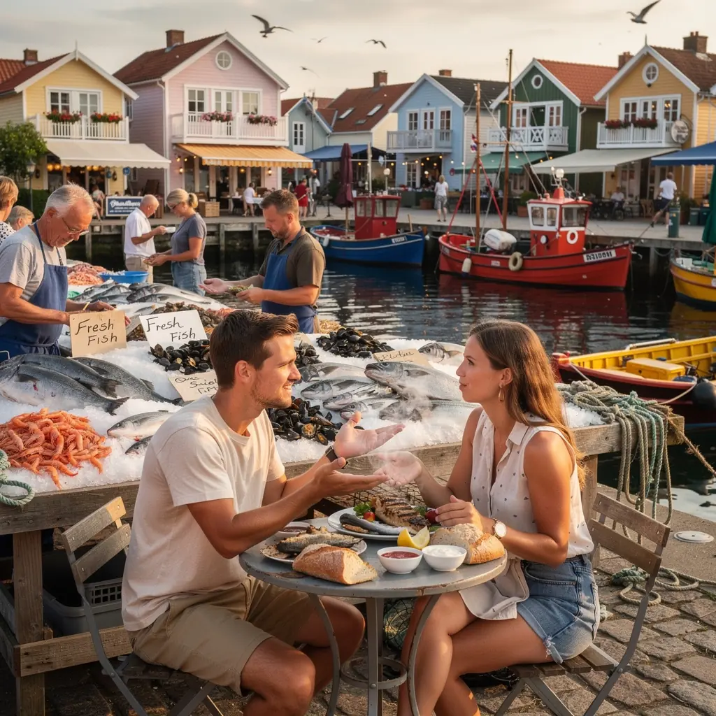 Ein lebhafter Marktstand mit frischem Obst und Gemüse in einer deutschen Stadt.